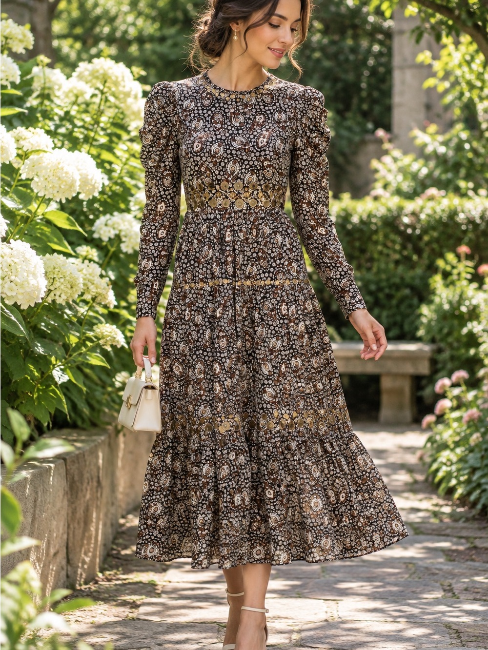 MICHAEL KORS Embellished Paisley Midi 100% Cotton Long Sleeve Brown Gold Size S